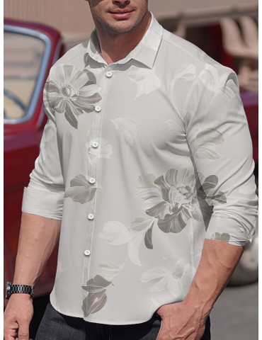 Men's Plus Size Floral Print Shirt - Casual Long Sleeve, Button-Up with Turn-Down Collar, Polyester Blend, Non-Stretch Fabric for Spring/Fall, PLUS SIZE