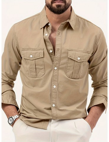 1pc Men'S Casual Khaki Long-Sleeve Shirt with Pockets - Breathable Polyester, Button-Up, Loose Fit, Solid Color, All-Season Fashion